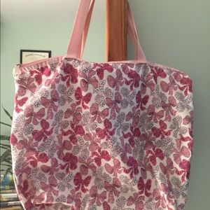 LeSportsac tote, pink ribbons print, 20”x18”